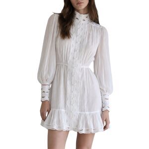 Avant Look White Ruffle High Neck Long Sleeve Button Front Mini Dress Size M